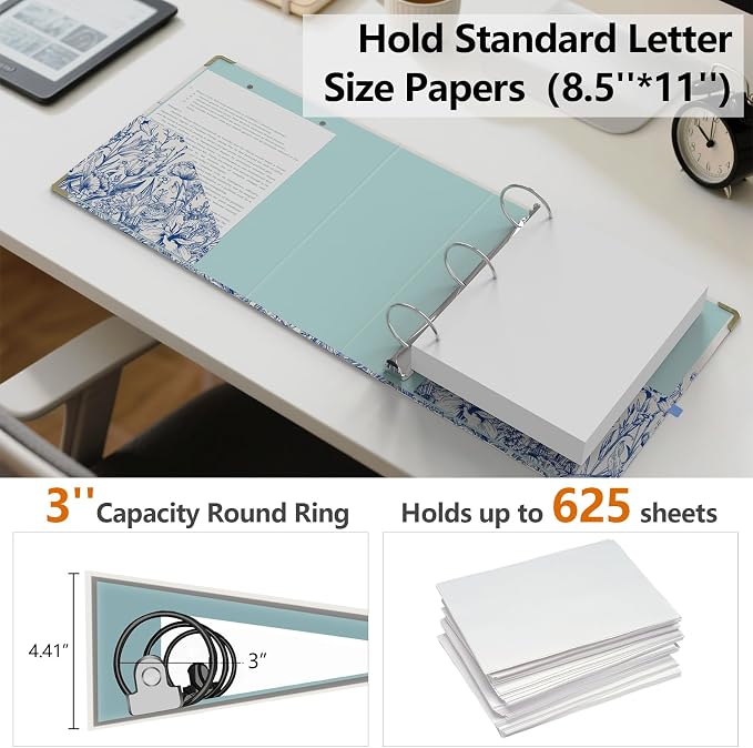 3 Ring Binder 3 Inch, Cute Hardcover Low Profile Clipboard with Storage, 3'' Round Ring Binders for Letter Size Paper, Durable Binder Organizer for School Office Supplies(Vintage Blue Florals)