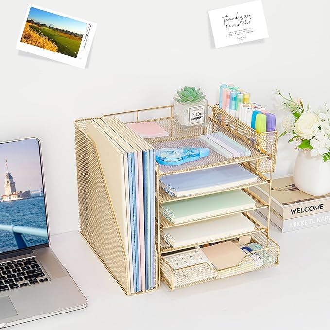 5-Tier Desk File Organizer with Drawer & Pen Holder (Gold) | Desk Organizers and Accessories, Office Desk Accessories & Workspace Desktop Organizers for Classroom, Home, Office Supplies