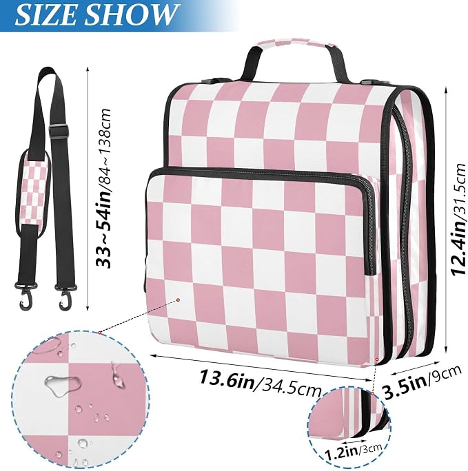 ALAZA Zipper Binder 3 Ring Pink White Checkered Binder Organizer with Zipper and Shoulder Strap Large Capacity Multi-Pocket Trapper Keeper File Folder for Office Supplies