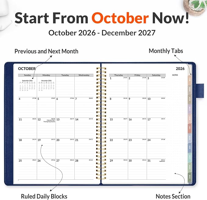 SUNEE 2027 Weekly & Monthly Planner 9"x11.2"- 12 Month (January 2027 - December 2027), Vegan Leather Cover, Pocket, Bookmark, Notes, Monthly Tab, Deep Blue