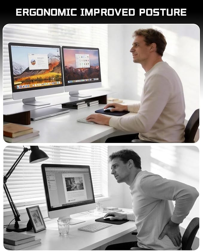 Aluminum Dual Monitor Stand Riser, Ergonomic Desktop Shelf with Wooden Legs - 42.5” Wide Heavy Duty Computer Stand for Home Office, Desktop Monitor Riser for PC, iMac, MacBook, Laptop