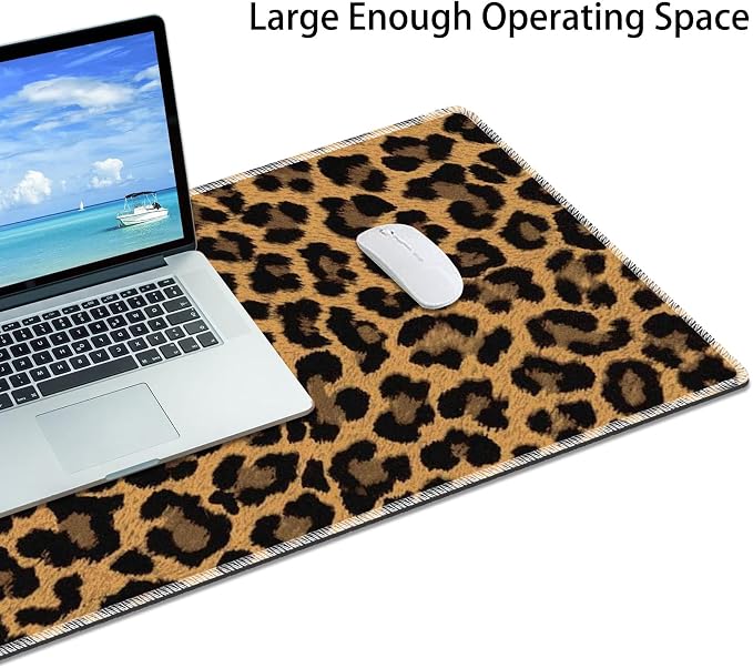 Personality Pattern Large Protective Desk Mat, Smooth Surface Soft Mousepad, Waterproof Non-Slip, 31.5 x 11.8 in Sewn Edge Office/Home, Leopard Print