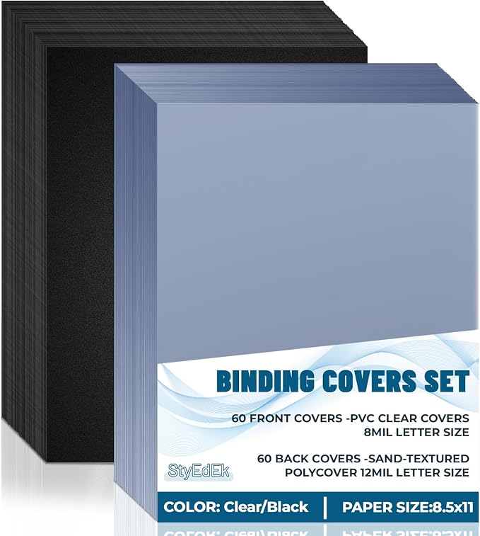 120PCS Binding Covers and Backs Set, 8.5 x11 Inch Clear Book Cover | 60Pcs 8mil Clear PVC Binding Cover, 60Pcs 12mil Black Poly Cover, Letter Size, Un-Punched, Square Corners, for Home Office