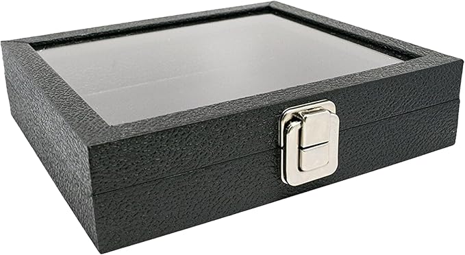 Novel Box Jewelry Organizer Box Black Leatherette 8.25x7.25x2 Half Size Glass Jewelry Box with Lid with Metal Clasp - Gem Display Case - Jewelry Display Case for Necklaces Bracelets Rings Accessories