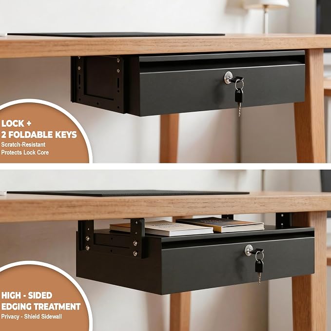 16in Under Desk Drawer with Lock Pull Out Storage Organizer | Carbon steel under desk drawer with lock,smooth slide rails, adjustable mounting height, supports up to 33 lb