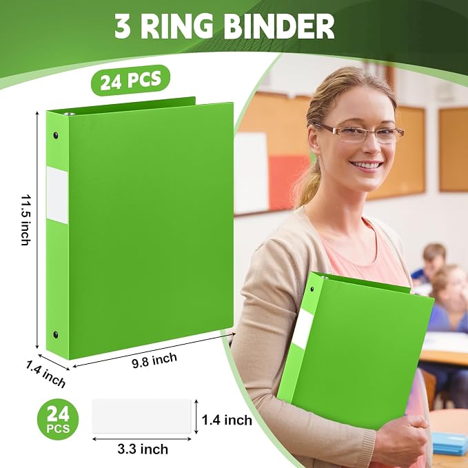 Henoyso 24 Pack 1 Inch 3 Ring Plastic Binders, Bulk Flexible PP Binders for Classroom & School Supplies, Letter Size 8.5 x 11, Holds 240 Sheets with Interior Pocket (Tender Green)