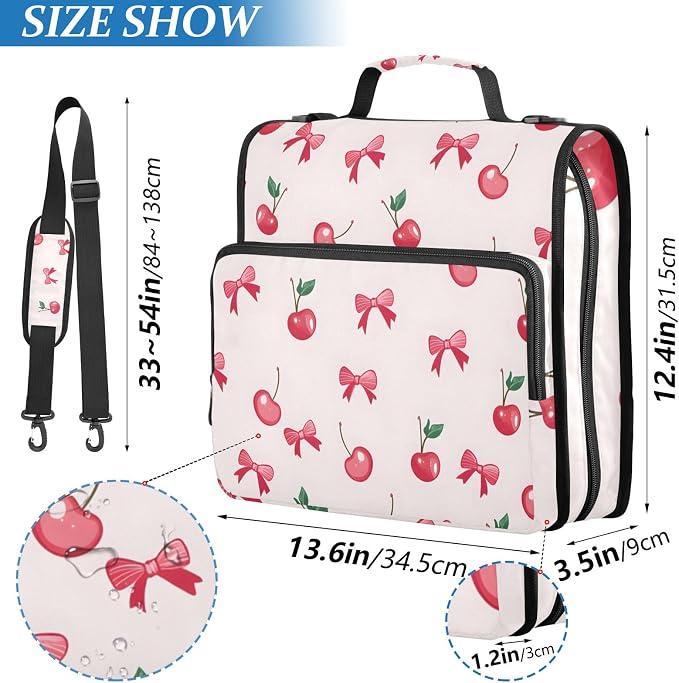 Cherry Bow Pattern 3 Ring Zipper Binder Bag Binder Organizer with Handle Shoulder Strap for School Work Office Supplies