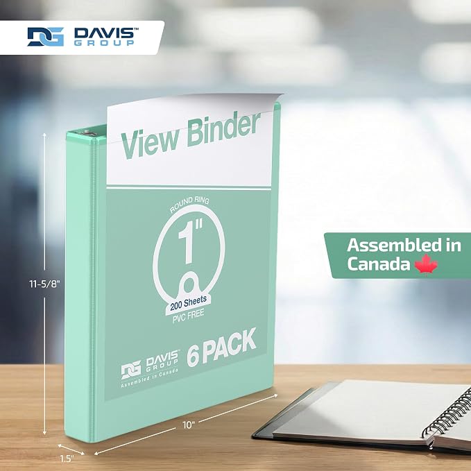 Pack of 6 Premium View Binders, Ring Binders with Clear-View Cover and Interior Pockets, Pastel Color Options, 1 Inch, Mint
