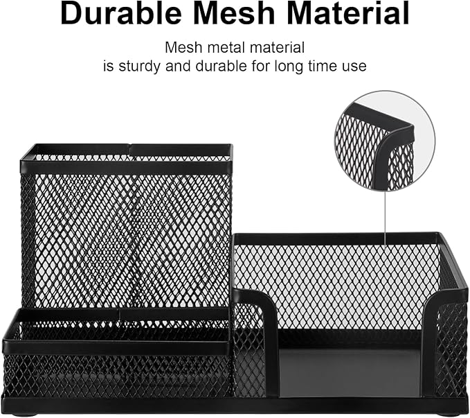 Comix 6 Packs Mesh Pen Holder, Desk Organizer for Home Office, Black | 3 Compartment Pencil Holder, Sticky Notes Holder, Pen Organizer Office Supplies