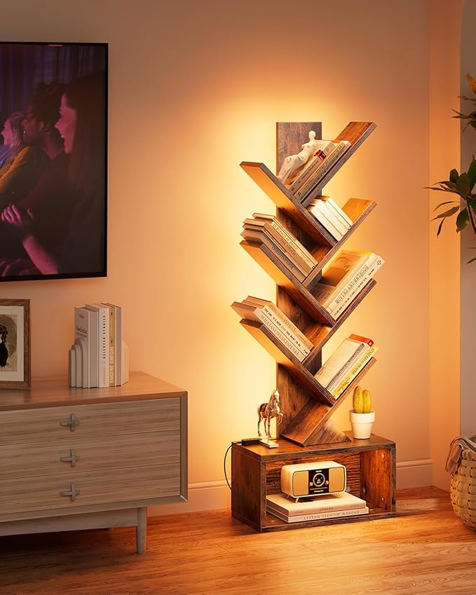 Evermagin 6 Tier Tree Bookshelf with Lights, LED Book Tree Bookcase | Rustic Brown with Storage Organizer, Small Corner Bookshelf Floor Standing Book Shelf for Living Room, Bedroom & Home Office