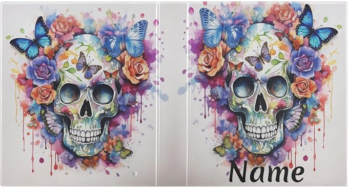 Custom 3 Ring Binder Skull Flowers Butterflies 1.5" Round Ring Binders Personalized Name View Binder with 200 Sheet for Women Men Office Kids School Supplies, 1 Pack