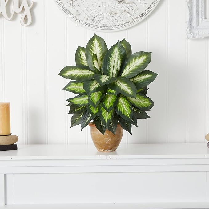 Nearly Natural 18 in Artificial Dieffenbachia Plant in Ceramic Planter | Lush Variegated Leaves, Maintenance-Free Faux Greenery, Realistic-Looking Indoor Home Decor Accent