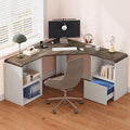 59'' Reversible L-Shaped Computer Desk, White | Corner Desk w/ Fluted Storage, Sliding Doors, Drawers & 4AC+USB-C. Reversible Fits Any Room Layout For Home Office