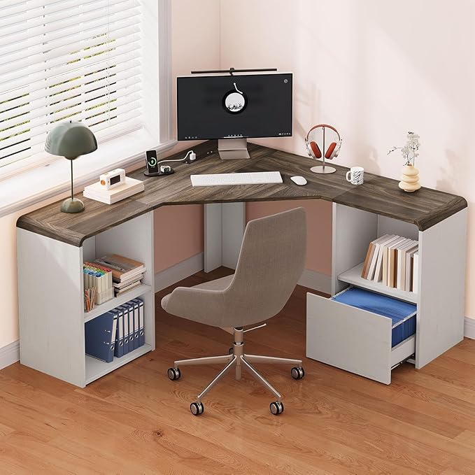 59'' Reversible L-Shaped Computer Desk, White | Corner Desk w/ Fluted Storage, Sliding Doors, Drawers & 4AC+USB-C. Reversible Fits Any Room Layout For Home Office
