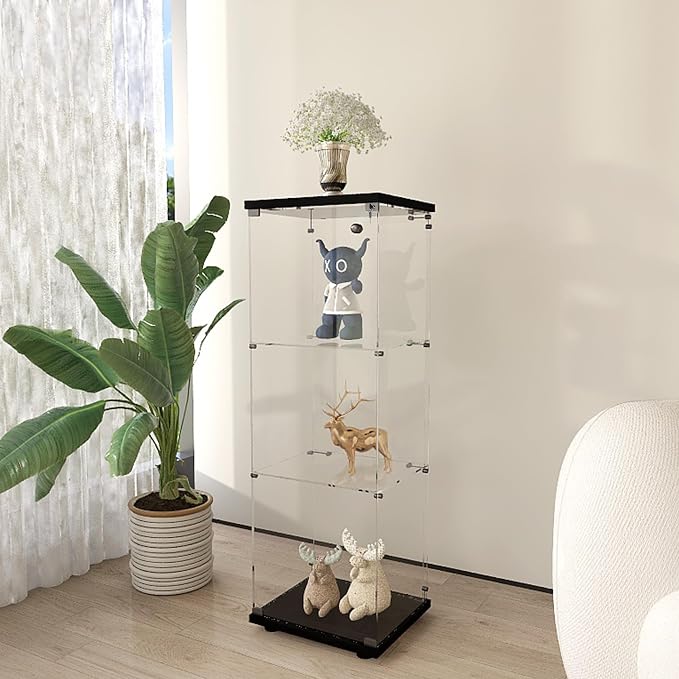 Frameless Glass Display Cabinet, Curio Cabinet Display Case with Lock and Glass Door, Quick-Install Floor Standing Small Showcase Display Shelf for Collectibles, Legos, Figures, Plants