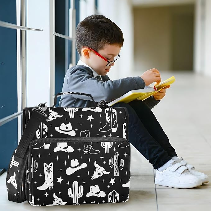 Western Cowboy Black Print Zipper Binder Bag 3 Ring with Shoulder Strap & Handle Multi Pocket Binder Organizer Bag Large Capacity for School Office Supplies