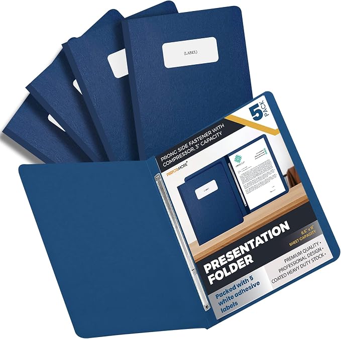 5 Pack of 8.5 ”x11” Pressboard Presentation Binder Folder, Blue Fiberboard Report Cover with Metal Prong Paper Fastener to Neatly Bind Reports, Proposals, Transcripts and Other Documents