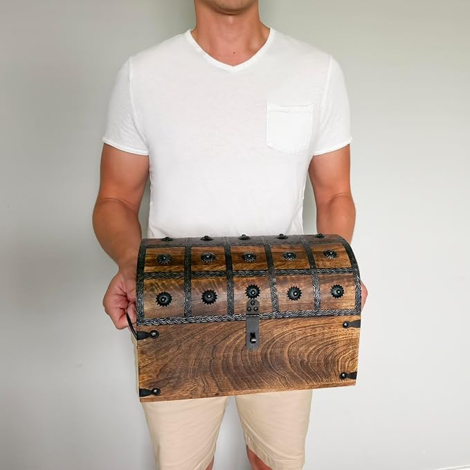 Nautical Cove Treasure Chest Keepsake and Decorative Wood Box (XX-Large 13x8x8.75) - Storage Box, Wooden Box with Hinged Lid, Rustic Storage, Pirate Storage Box, Vintage Wooden Chest