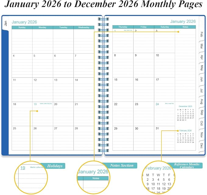 Daily Planner 2026 Full Page Per Day- 2026 Daily & Monthly Planner from January 2026 to December 2026, Day Planner 2026 with 12 Months Tabs, 6.4" x 8,5", Blue