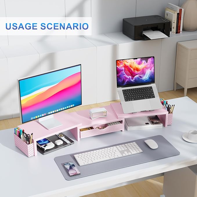 gianotter Dual Monitor Stand Riser With Drawer and 2 Pen Holders | Computer Monitor Stand Desk Organizer and Accessories Desk Shelf for Top of Desk (Pink)