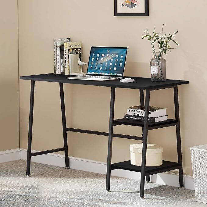 VECELO 43.1 Inch Computer Desk Home Office Black Study Desk Work Office Table with Shelves Wooden Desk for Bedroom 2 Set
