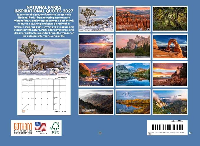 National Parks Inspirational Quotes Calendar 2027 Nature Monthly Wall Calender 12 Month | American Made In The USA