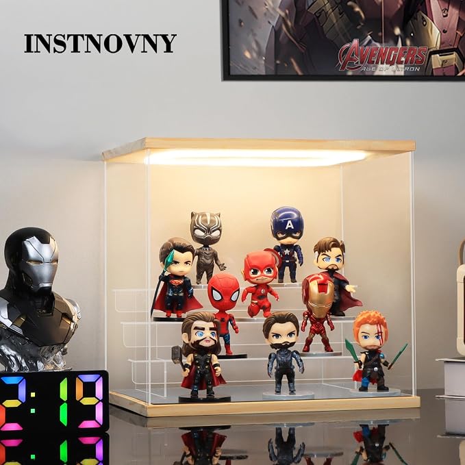 Clear Acrylic Display Case with Light 4 Tier Display Storage Box Assembly Dustproof Showcase for Collectibles Action Figures(Wood, 12.0*8.9*10.9inch)