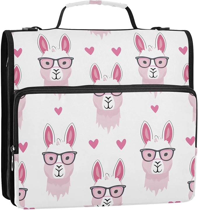 Funny Llamas Pink Glasses Zipper Binder Bag 3 Ring Binder with Shoulder Strap Zip Up 500 Sheets Capacity Multi Pockets for School Office Supplies