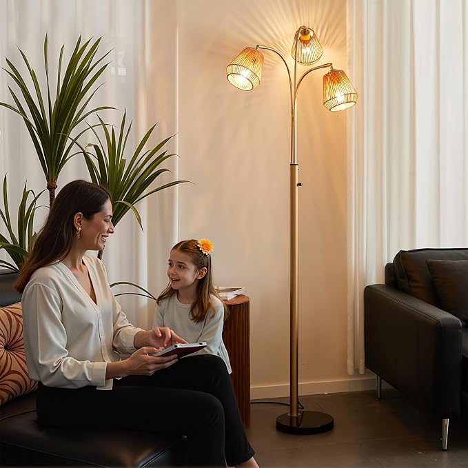 Gold Rattan Floor Lamp for Living Room, 72'' 3-Light Boho Lamp | Heavy Natural Marble Base, 1/2/3-Light Rotary Switch, Wicker Shades for Reading Corners Bedrooms