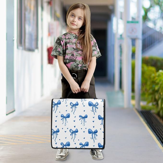 Custom 3 Ring Zipper Binder Blue Bows Ribbons Polka Dots Personalized Name 1.5 inch Binders Large Capacity Multi Pockets for School Office Supplies