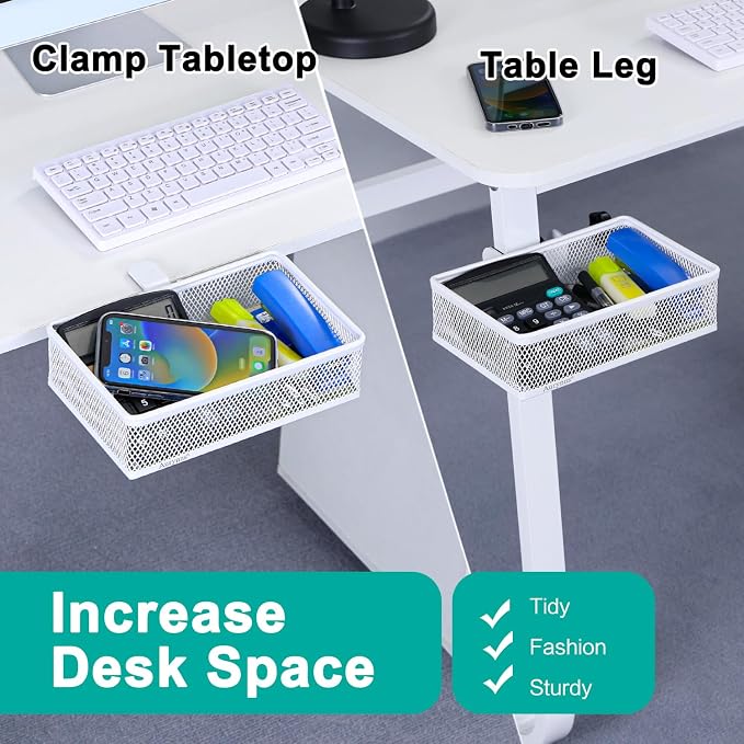 Under Desk Drawer, Clamp on Desk Organizer Under Table Hanging Desk Storage | 2 ways to clamp on: desk side or leg. Under desk organizer, clamp on desk drawer, basket hanging under table shelf, no-drill