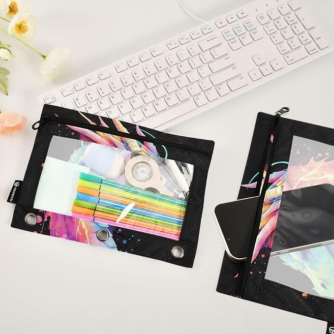 Custom Lightning Dragon Watercolor Pencil Pouch for 3 Ring Binder, 2 Pack Personalized Name Waterproof Pencil Bags Clear Window Pencil Case School Office Supplies