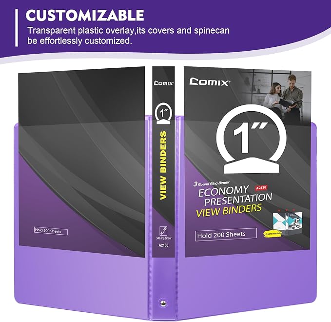 COMIX Sturdy 1 Inch 3 Ring Binder with Clear View Cover | 1"Heavy Duty Round Ring,PVC-Free Board,Holds 200 Letter Sheets,Wholesale for Offices & Classrooms,6 Pack (Purple)