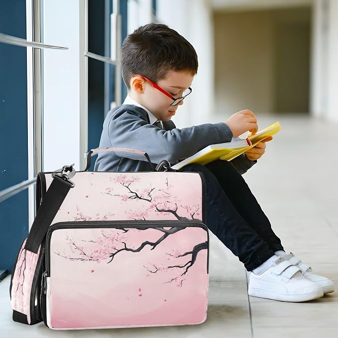 Pink Cherry Blossom 3 D Ring 2 inch Zipper Binder Bag with Strap | Multi-Pocket Portfolio Organizer Case for 13 Inch Laptop Middle School