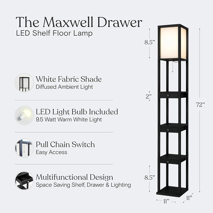 Brightech Maxwell Drawer Edition - Modern Shelf Floor Lamp with Drawer - Corner Display Floor Lamps with Shelves for Living Room, Bedroom and Office - Black