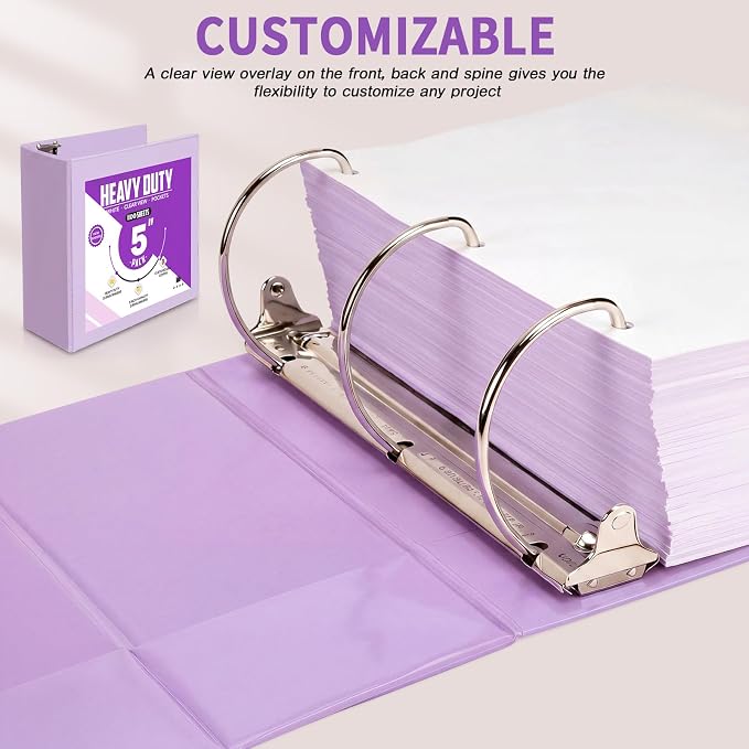 Sinload 6 Pcs 3 Ring Binder, 5 Inch Large Capacity 3 Slant D Ring Binders with Pockets, 8.5" x 11" Presentation Folder View Binder with Customizable Clear Cover for Documents Files Projects (Purple)