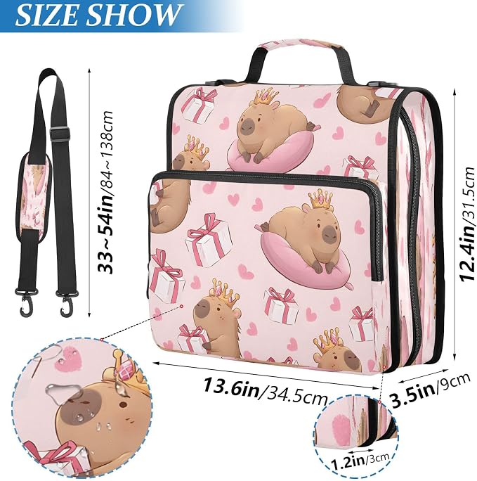 ALAZA Zipper Binder 3 Ring Cute Capybara Love Gift Box Binder Organizer with Zipper and Shoulder Strap Large Capacity Multi-Pocket Trapper Keeper File Folder for Office Supplies