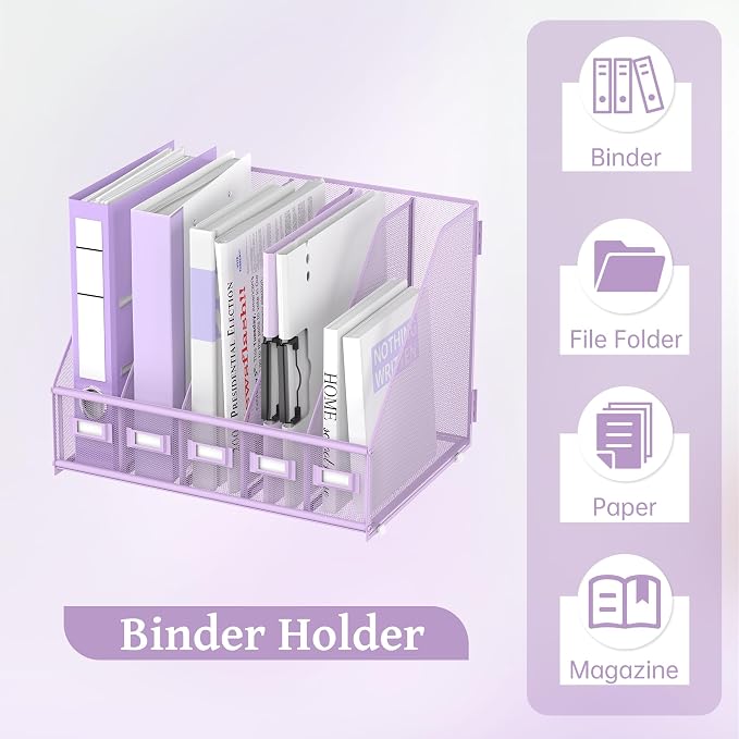 Desk Organizers Metal Desk Magazine File Holder with 5 Vertical Compartments Rack File Organizer for Office Desktop, Classroom, Home Workspace, Purple Plus