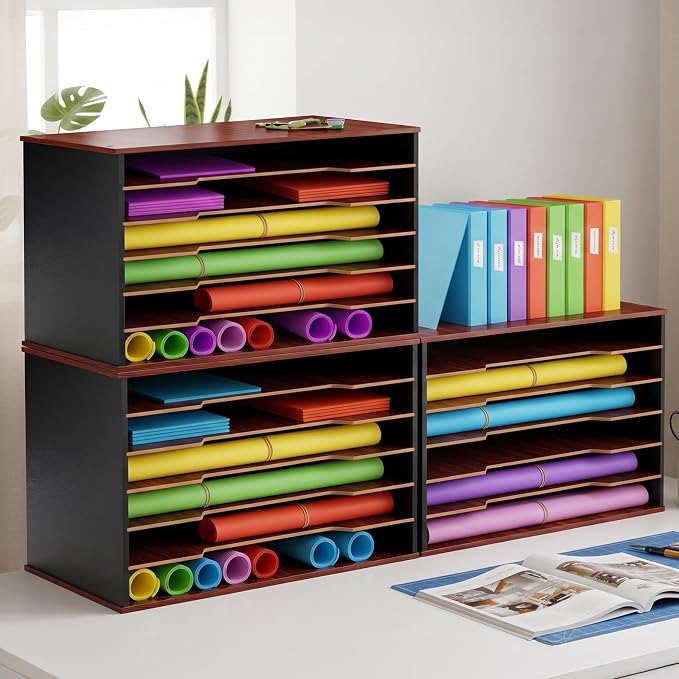 12x18 Construction Paper Organizer, 6-Tier Wooden Flat File for 11x17 & A3 Sheets | Large Durable wood composite organizer Paper Storage for Classroom, Office & Art Room