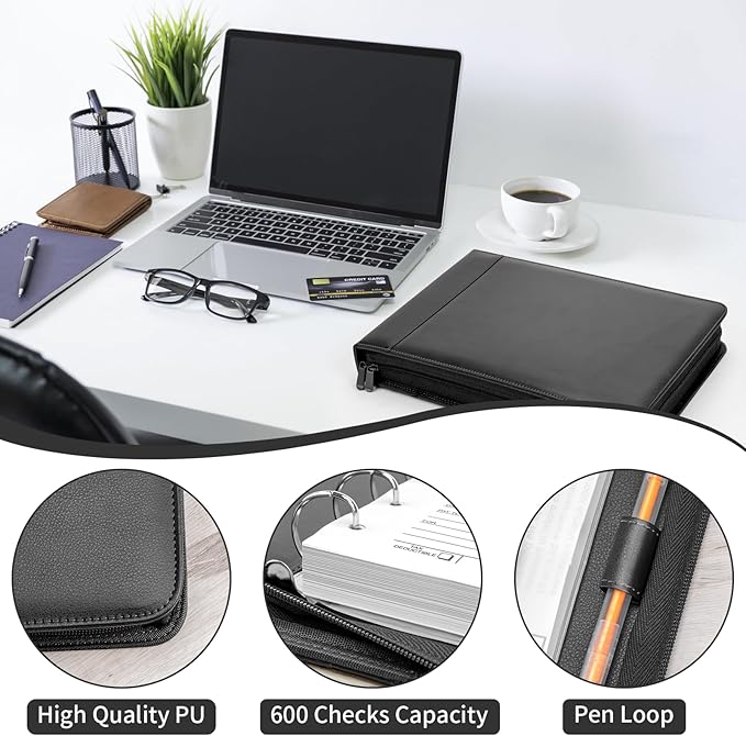 Smarpau Business Checkbook Binder with Zipper Pouch, 7 Ring PU Leather Binder Holds 600 Checks Capacity 9 x 13 Inch Sheet, Portfolio for Executive Office Supplies, Black
