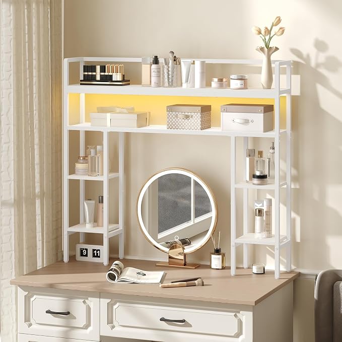 MAHANCRIS Desk Shelf, 43.3" Desk Hutch with Light Strip | Office Desktop Organizer, 5 Tier Desktop Bookshelf for Computer Monitor, Storage Rack for Study, Home Office, White