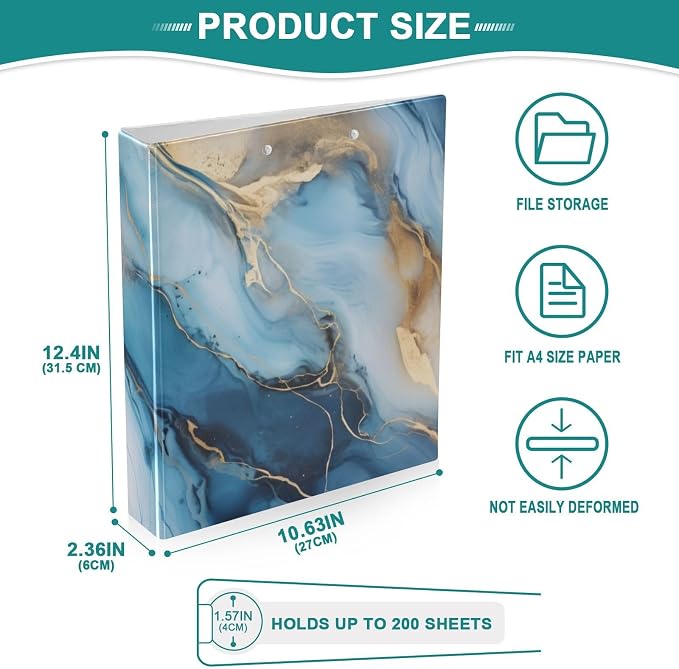 3 Ring Binder Gold Marble Blue Fluid Marble 1.5 inch Binders Three Ring Binders with Clipboard Fit 8.5'' x 11'' Paper 3 Interior PVC Clear Pockets for Office Supplies