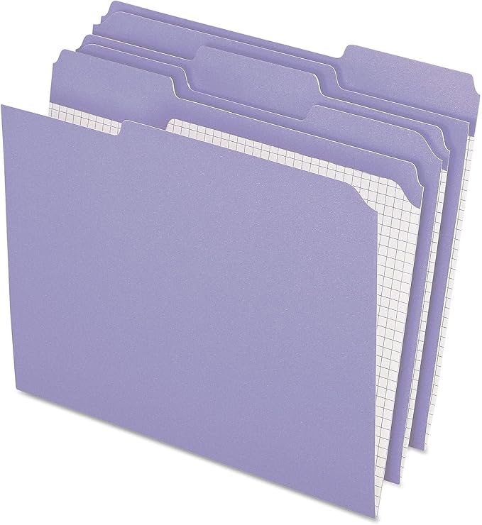 Pendaflex Colored File Folders, Letter Size, 1/3 Cut Tab, Lavender | Reverse any folder and the printed interior grid becomes a writing panel. Reinforced tabs, 100 per box, made in the USA.