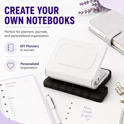 10 Hole Punch Binding Machine Kit for Planner (White) with 10 Multi-Color Spiral Coils, Adjustable A4 A5 B5 Paper Puncher, DIY Notebook Scrapbook Maker for Home Office School Organization