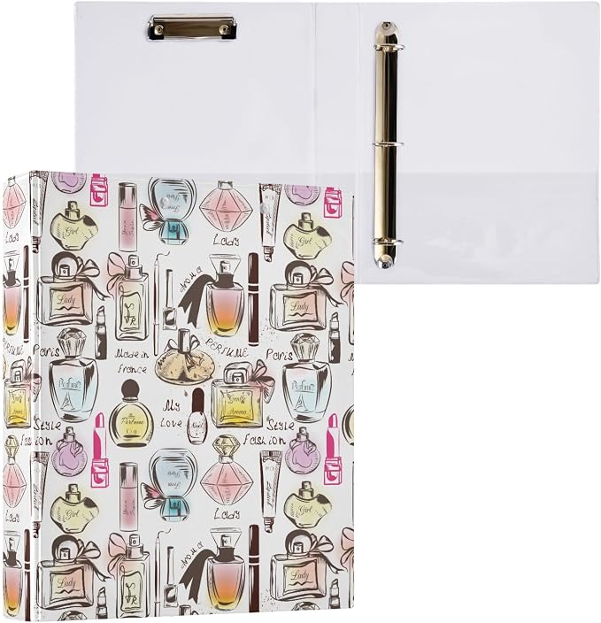 French Perfume Binder 1.5 Inch Binder with Clipboard&Pockets, Paris Perfume Hardcover Binders 3 Ring, Heavy Duty Large File Folder for Office School Supplies - Holds 200 Sheets