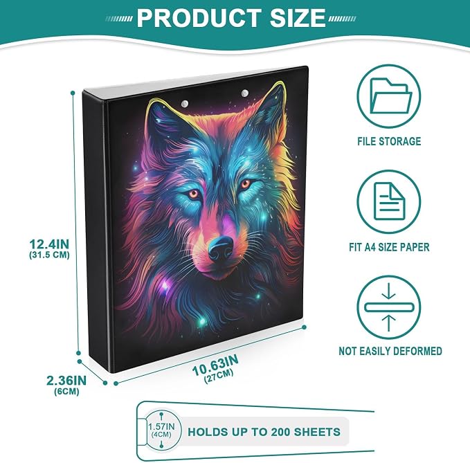 JIPONI 3 Ring Binder Wolf Colorful Neon 1 Inch Round Binders for Men Women Students, Cute File Organizer for Office School, 2pcs