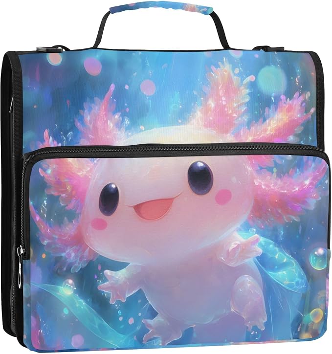 Shiny Axolotl 3 Ring Binder Bag 1.5 inch Binder Organizer with Zipper Shoulder Strap 500 Sheet Documents Storage for School Office
