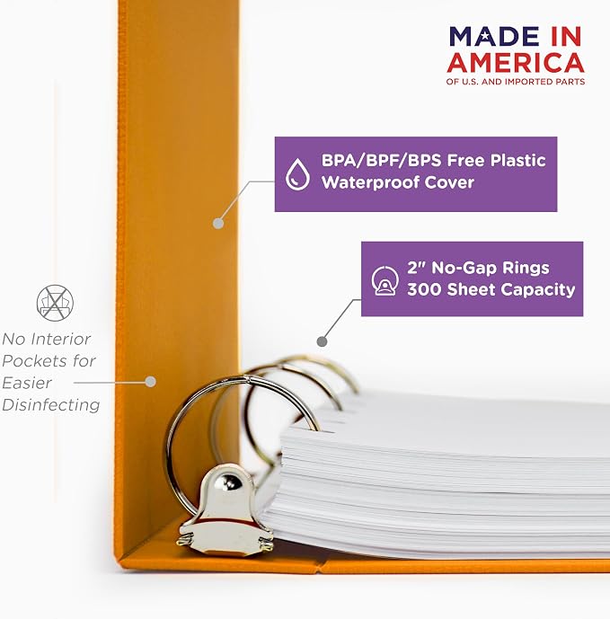 Carstens 2-Inch Heavy Duty 3-Ring Binder - Side Opening, Mango, Durable Plastic, No-Gap Rings, Waterproof Cover No Pockets, Holds 300 Letter-Sized Sheets, BPA-Free, Made in USA (2836-00-3R) Case of 16