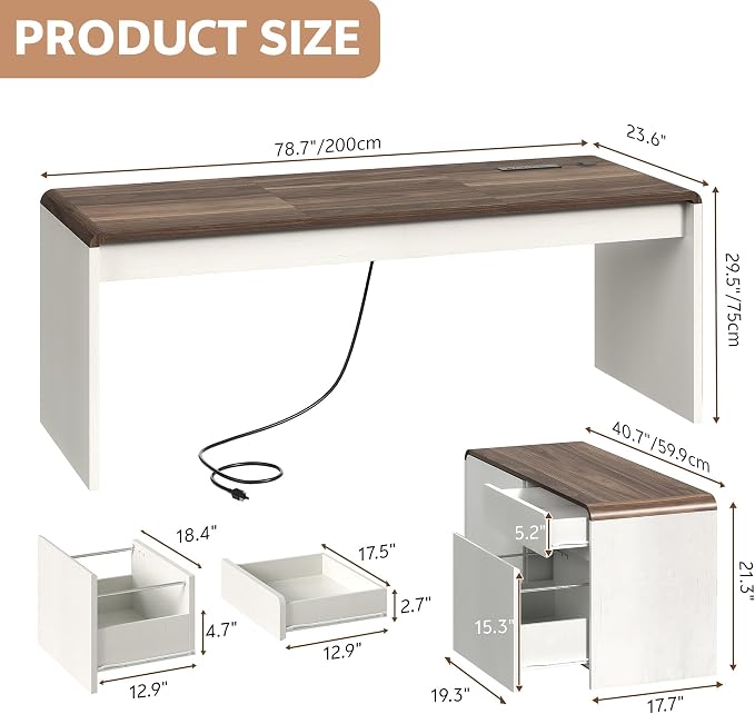 78" L-Shaped Desk with Mobile File Cabinet, White & Walnut | Mid-Century Executive L-Desk with Mobile File Cabinet, Drawers & Power Hub (4AC+2USB) Waterfall Edge. For Home Office