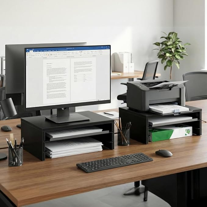 Fenge 14.3-Inch Monitor Stand with Slide-Out Trays, Wood & Metal Desk Shelf | 3-Tier Space-Saving Desk Storage Organizer, Fits Computer, Laptop, Printer and Telephone